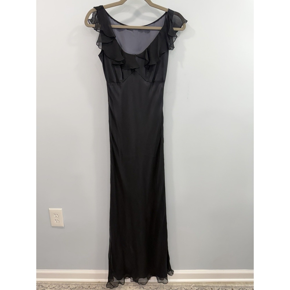 Ellie Tahari Black 100% Silk Maxi Dress Size 4 Ruffle Cap Sleeves Dark Romantic